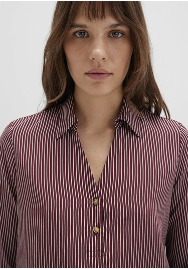 Mavi Düğme Detaylı Çizgili Bordo Kadın Bluz M122400-88614 Bordo