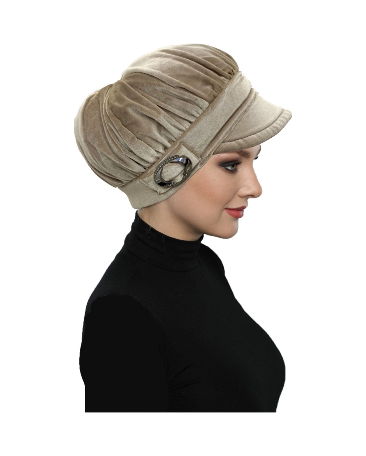 Kadife Şapka Toka Detaylı Bej Hazır Türban Tesettür Bone Bej