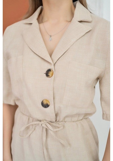 Gülsüm Aydın Bej Keten Yazlık Tulum Bej