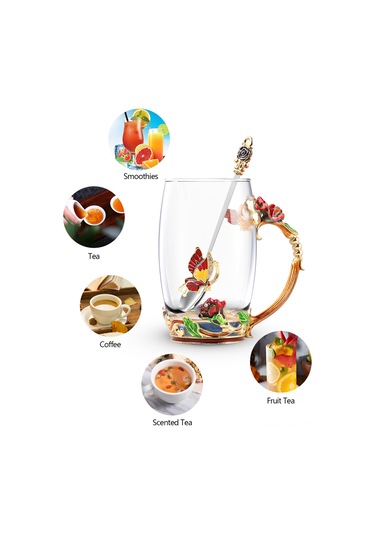 Çay Fincanı Kahve Kupa Seti Kaşık Ve Altlık İle - Güzel Cappuccino Latte Fincanları - Sıcak / Soğuk İçecekler İçin Şeffaf İzole Cam Kupalar - Anne Kadınlar İçin Şık Hediye Kırmızı Kelebek Ve Gül Çok Renkli