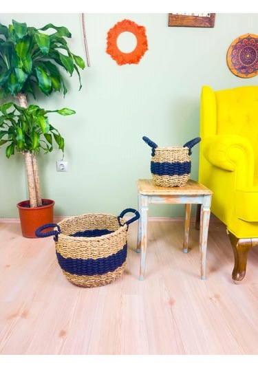 Bitki Tasarımı Düzenleyici Kulplu Siyah Şeritli Doğal Örgü Sepet İkili Set Büyük-küçük