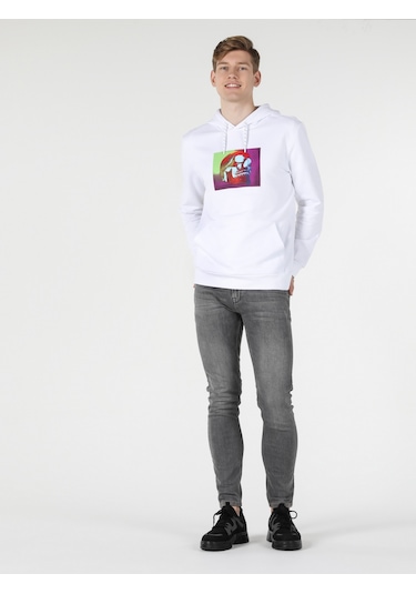 Colins Regular Fit Kapüşonlu Baskılı Beyaz Erkek Sweatshirt Cl1057312 Beyaz
