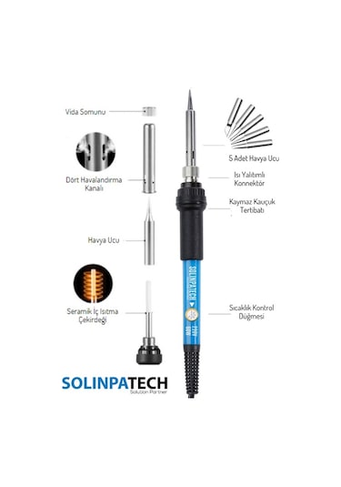 60W Isı Ayarlı Seramik Rezistörlü Kalem Havya Lehim Makinesi ve 5 Adet Havya Ucu Seti