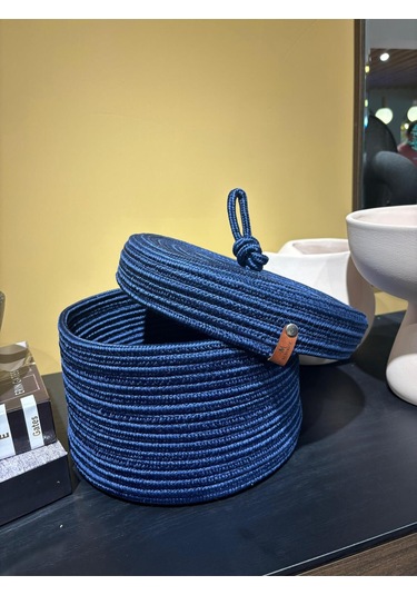 Walnut Kapaklı Jüt Sepet Lacivert