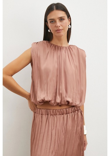 Uterpe Pileli Kolsuz Crop Bluz Tarçın