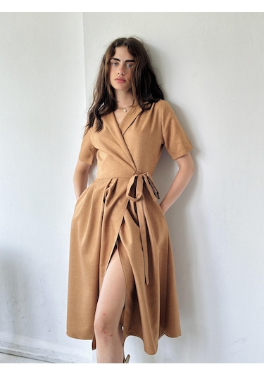 Retrobird Lady Kruvaze Midi Elbise Kadın Taba-13442-taba