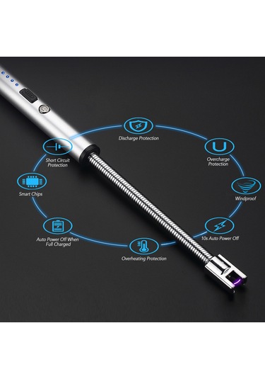 Shineyee Usb Şarjlı 360 Esnek Boyunlu Elektrikli Alev Ateşleyici, Rüzgar Dayanıklı, Çocuk Emniyetli Metal Isıtıcı - Gümüş, Paketli Çok Renkli