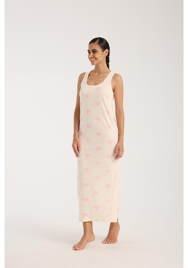 Akbeniz Kadın Kalın Askılı Yırtmaçlı Uzun Pudra Gecelik Pudra