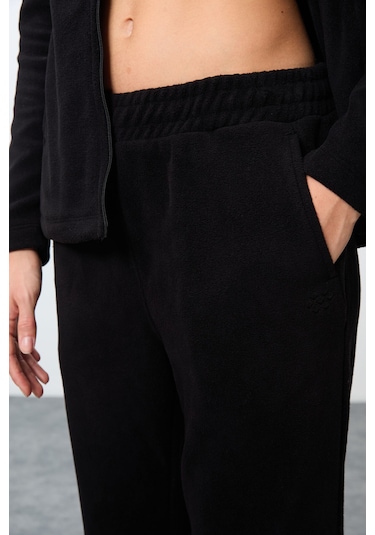 Tommy Life Siyah Kalın Yumuşak Dokulu Dik Yaka Oversize Nakışlı Polar Kadın Eşofman Takım -95339 Siyah