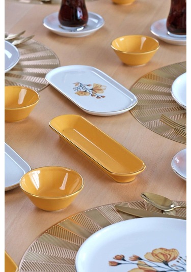 Asya Lizy Hardal Altın Yaldızlı 32 Parça 6 Kişilik Seramik Kahvaltı Takımı Desenli