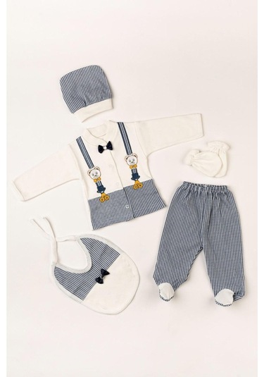 Bombinoo Lacivert Papyonlu Ayıcıklı 5 Parça Lüks Erkek Askı Detaylı Hastane Çıkışı Zıbın Set Lacivert