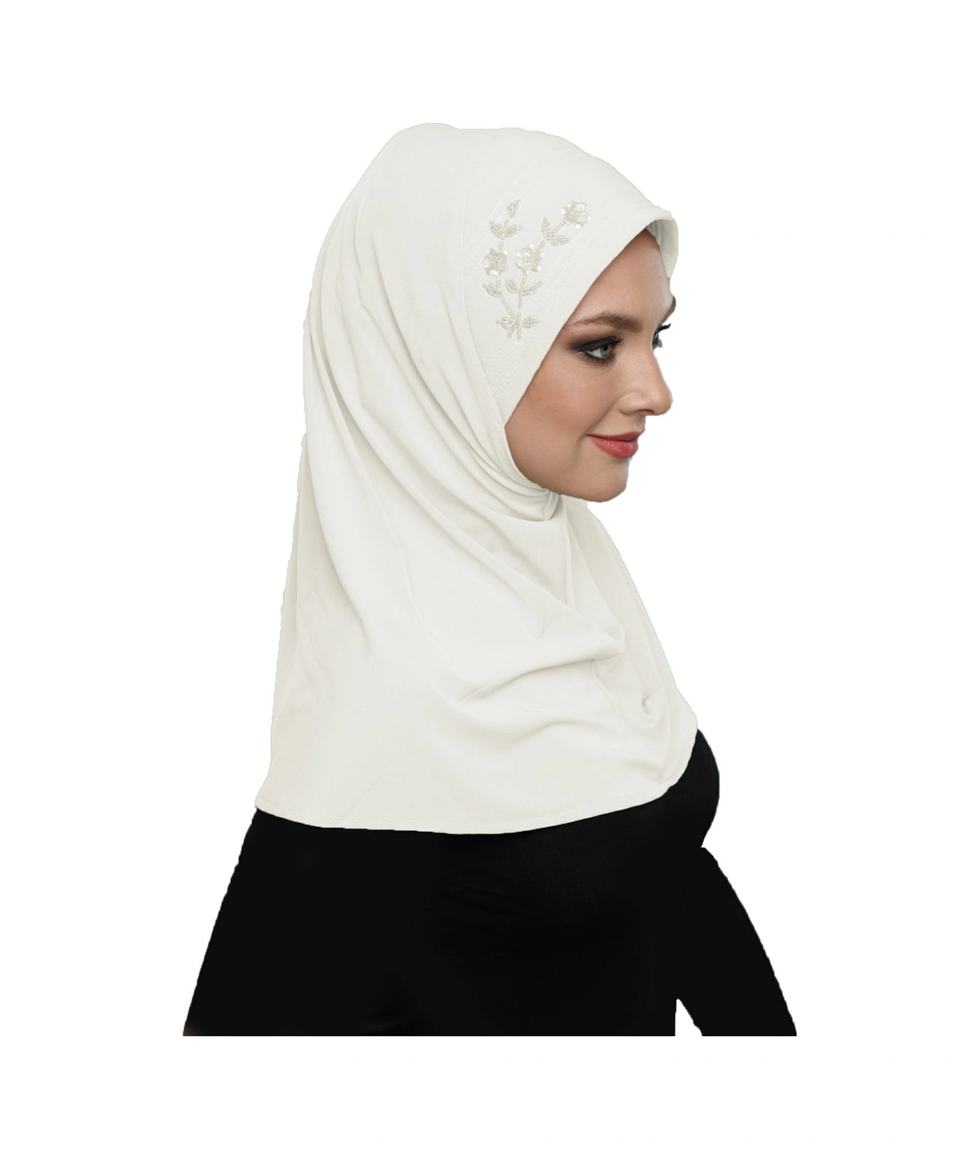 Takmatik Taşlı El Işi Boncuk Işlemeli Krem Hazır Türban Tesettür Bone Namaz Örtüsü Krem