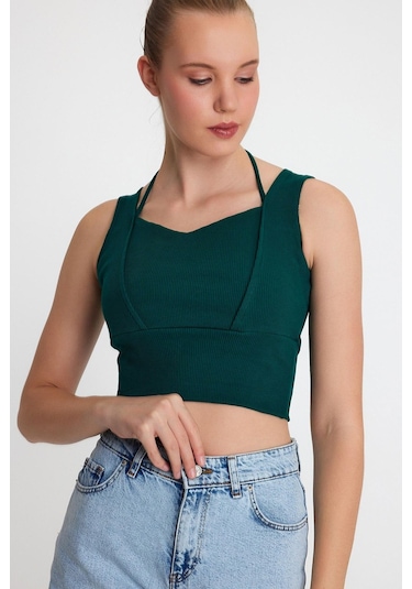 Polo State Kadın Ense Biye Detaylı Crop Yeşil