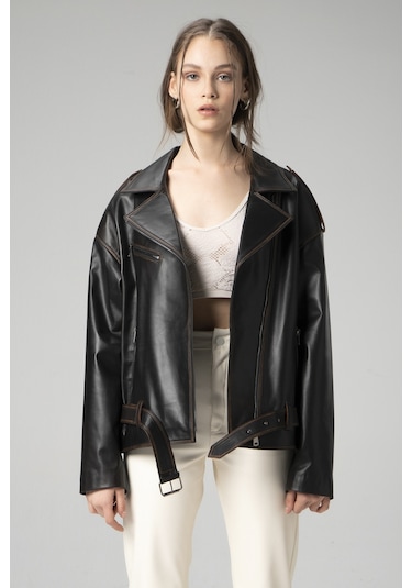 Dericlub Pamela Unisex Silme Oversize Biker Hakiki Deri Mont Siyah/taba Null Siyah