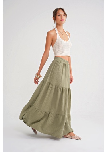 4567 Kadın Fırfırlı Uzun Müslin Etek Çağla Çağla Yeşili