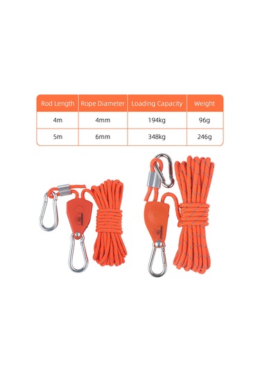 Springsun Turuncu 6mm 5m Poliester Kamp Rope, Kaydırma Ayarlı Zincir Alaşımlı Pulley, 348kg Yük Kapasitesi Portakal