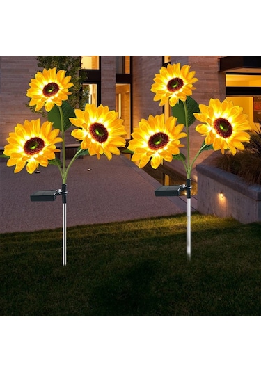 Ximistore9 Güneş Enerjili Gül Bahçe Bahçe Simülasyonu Dekoratif Çim Toprak Işığı Üç Başlı Ayçiçeği Opp Tekli Paket