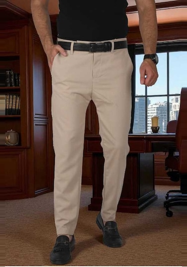 Deepsea Erkek Bej İtalyan Kesim Tüylenmez Likralı Spor Pantolon Esnek Kumaş Bilek Boy Boru Paça Klasik Pantolon 2502005 Bej