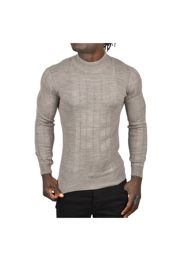 Deepsea Erkek Vizon Yarım Balıkçı Yaka Çizgili Tüylenmeyen Slim Fit Triko Kazak 2505491 Vizon