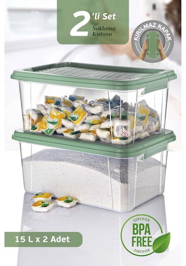 2'li Mega 15l Un Bakliyat Erzak Kabı - Kilitli Kapaklı Banyo Düzenleyici Deterjanlık Saklama Kutusu Yeşil
