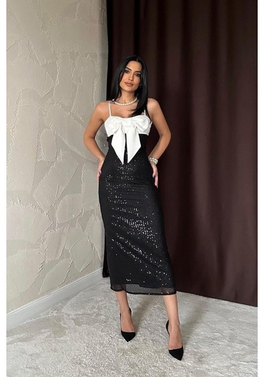 Siyah Önü Fiyonklu Garnili Elbise Siyah
