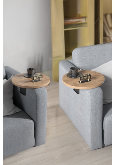 İkili Yan Sehpa Ayarlanabilir Tepsi Yuvarlak Atlantik Çam