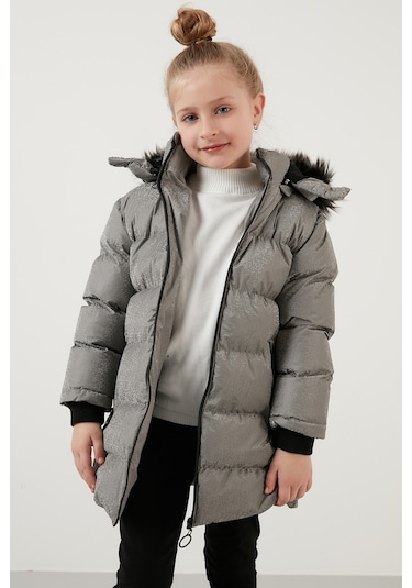 Lela Yakası Suni Kürklü Peluş Astarlı Çıkarılabilir Kapüşonlu Dar Kesim Kışlık Kız Çocuk Mont 5760002 Silver