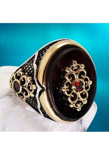 Vog Otantik Tasarım Kırmızı Taşlı 925 Ayar Gümüş Erkek Yüzük