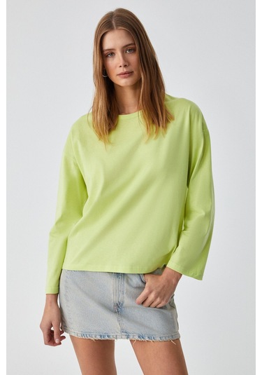 GRIMELANGE Basıl Kadını Oversize %100 Organik Pamuk Örme Uzun Kol Yeşil T-shirt Yeşil