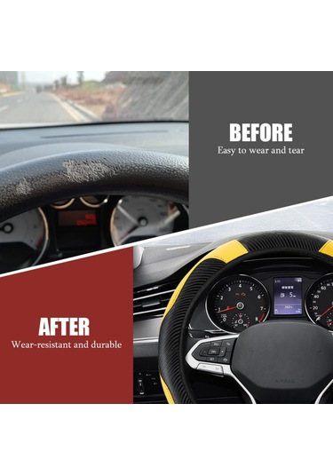 Yifomall Kabuk Deri 37-38cm Universal Direksiyon Kılıfı - Karbon Fiber Stili, Kaymazsız, Soluk, Dayanıklı, Sarı Sarı