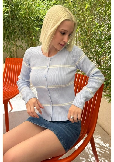 Madmext Mavi Çizgili Kadın Triko Hırka Mg2481 Mavi