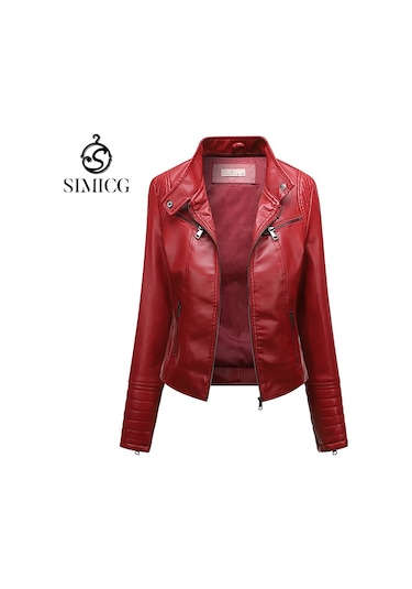 Kadın Deri Ceket İnce İlkbahar Ve Sonbahar Ceketi Kırmızı