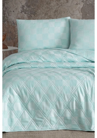 Enlora Home Kareli Saten Çok Amaçlı Örtü Çift Kişilik Mint