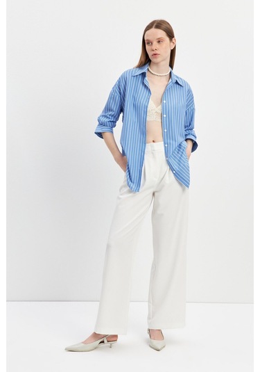 Stella Pulvis Mavi Oversize Çizgili Gömlek Mavi