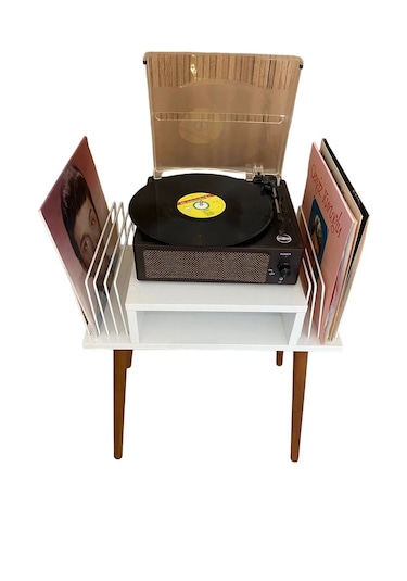 Plak Ve Pikap Sehpası 2 Li Beyaz Ahşap Ayaklı