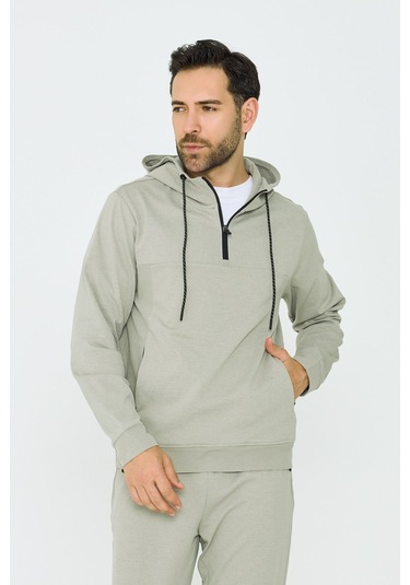 White Stone Açık Yeşil Kapüşonlu Yarım Fermuarlı Yandan Cepli Erkek Sweatshirt Khaık