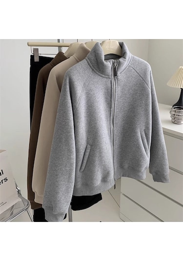 Snapbuy İçi Polarlı, Fermuarlı, Dik Yaka Kadın Sweatshirt Ceket Gri