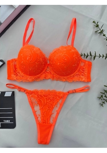 Arona Destekli Brode Nakışlı Turuncu Sütyen Takımı Turuncu