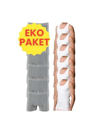 Tezzgelsin Erkek Eko Set 6 Adet Atlet 6 Adet Boxer Beyaz Gri