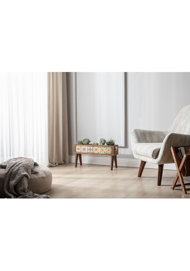 Halohope El Yapımı Ayaklı 6 Çinili Dekoratif Modern Ahşap Dikdörtgen Bahçe Balkon Saksı Saksılık Çiçeklik