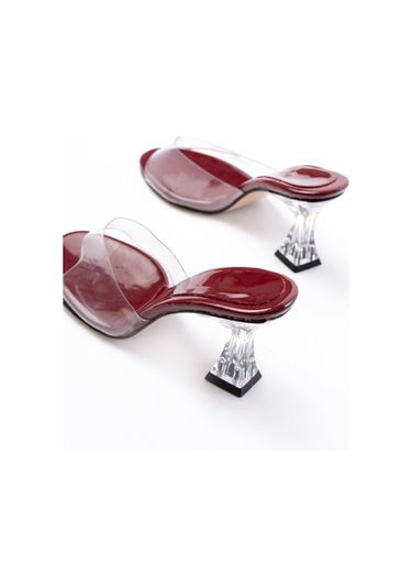 S-619 Bordo Rugan Şeffaf Bantlı Şeffaf Topuklu Yuvarlak Burunlu Kadın Terlik Renksiz