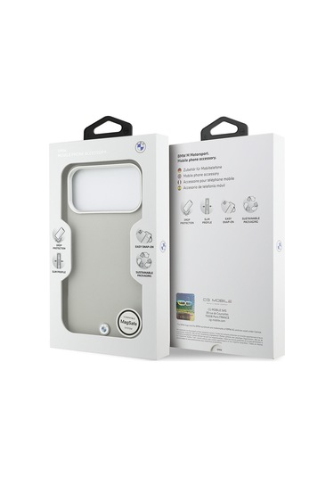 İphone 17 Pro Max Uyumlu Kılıf Bmw Lisanslı M-safeli Metal Logolu Tam Kaplama Deri Kapak Gri Gri