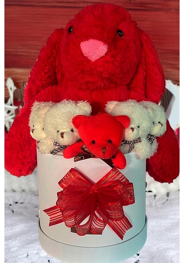 Özel Kutuda, Aşk Temalı Peluş Hediye Kutusu Kırmızı Jellycat Tavşan & 5 Mini Ayıcık Özel Tasarım