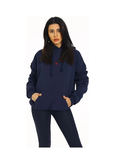 Vexor Kore Model Yıldız Baskılı Kanguru Cepli Kadın Sweat Lacivert Mavi
