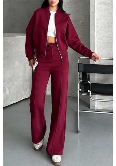 Neşeli Butik Kadın Pamuklu Kışlık Rahat Kesim Eşofman Takımı Nbg112 Bordo