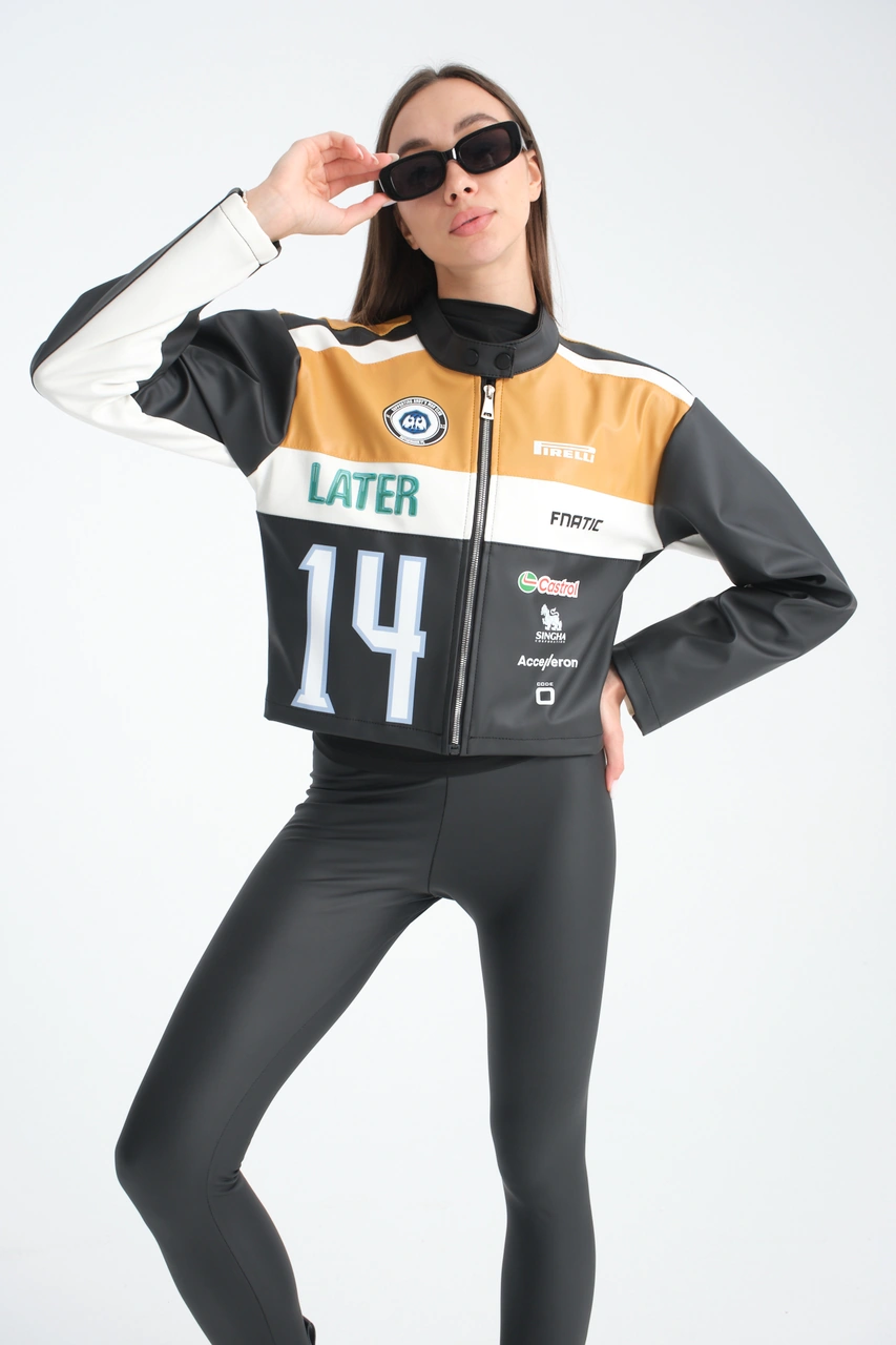 Kadın Oversize Baskılı Deri Şeritli Motorcu Montu Garnili Fermuarlı Yarışçı Ceketi Bomber Kolej Mont Hardal