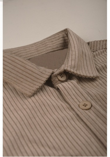 Deepsea Vizon Cepli Likralı Kadife Kumaş Rahat Kesim Erkek Gömlek Yumuşak Dokulu, Şık Tasarım Gömlek 2600759 Vizon