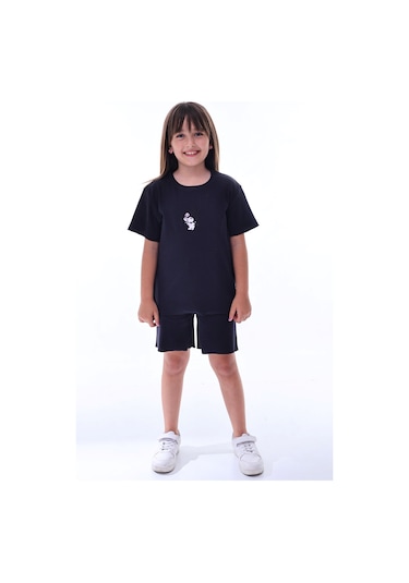 Ribana Beybi Overlok Detaylı Kuromi Nakışlı Alt-üst Takım Lacivert