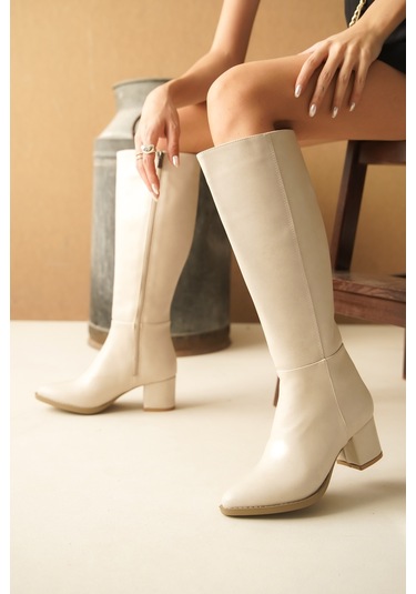Morena Bej Deri Topuklu 5 Cm Topuklu Yanı Fermuarlı Günlük Kullanım Çizme Bej Deri