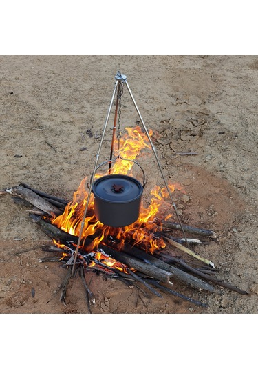 Neevoyu Kampanyalı Katlanır Alüminyum Kamp Ocağı Askılığı - Zincirli Ayarlanabilir Yükseklik Gümüş